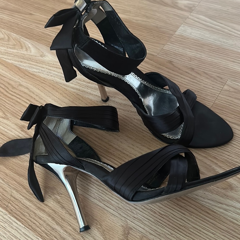 Black Sexy Satin and Silver Heel Stiletto Shoes ~ Size 8